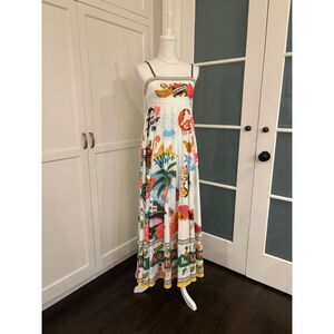 Women's White Spaghetti Strap Smocked Back Colorful Summer Dress Medium